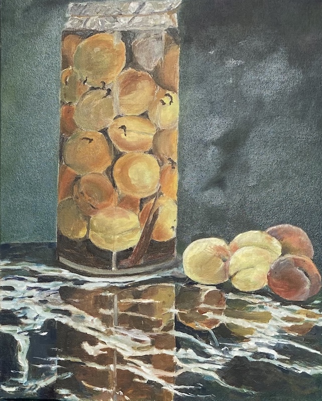 Pfirsichglas, nach C. Monet, Ölfarbe auf Leinwand, 45x50cm