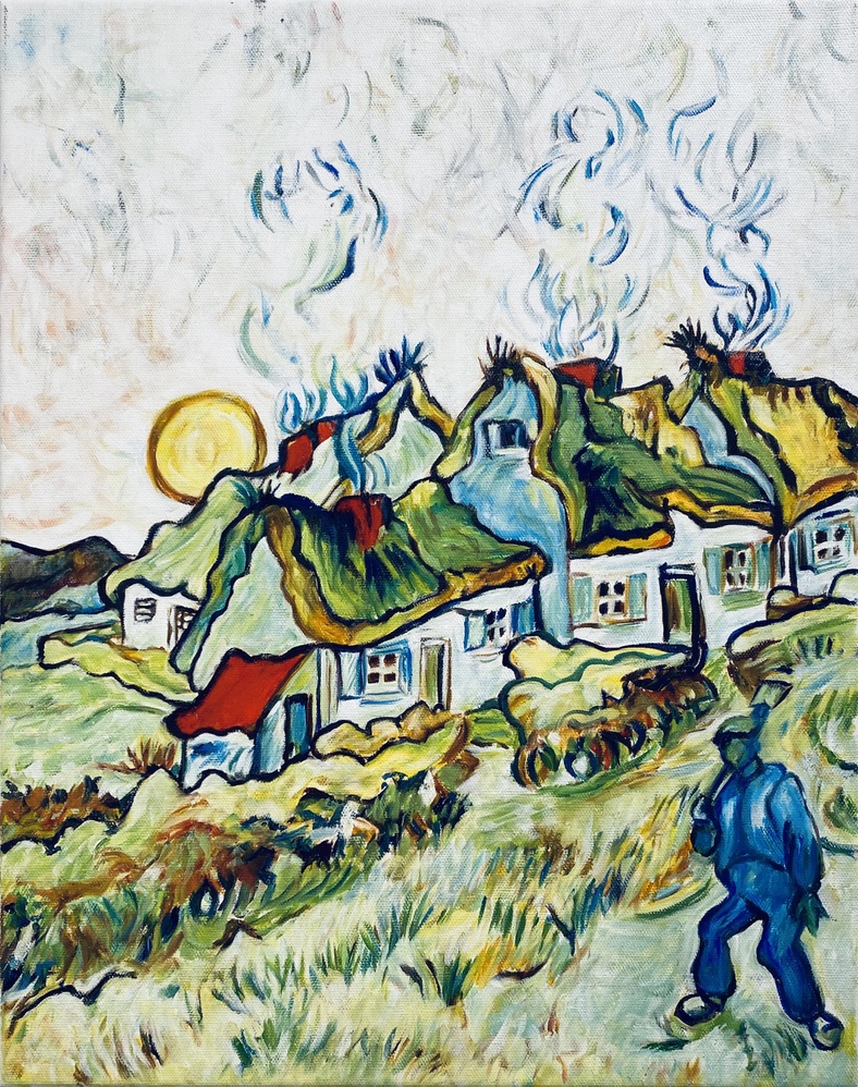 Renate Stepec: Bauernhäuser bei Sonnenuntergang, nach V. van Gogh, Ölf. a. Leinw. 40x50cm