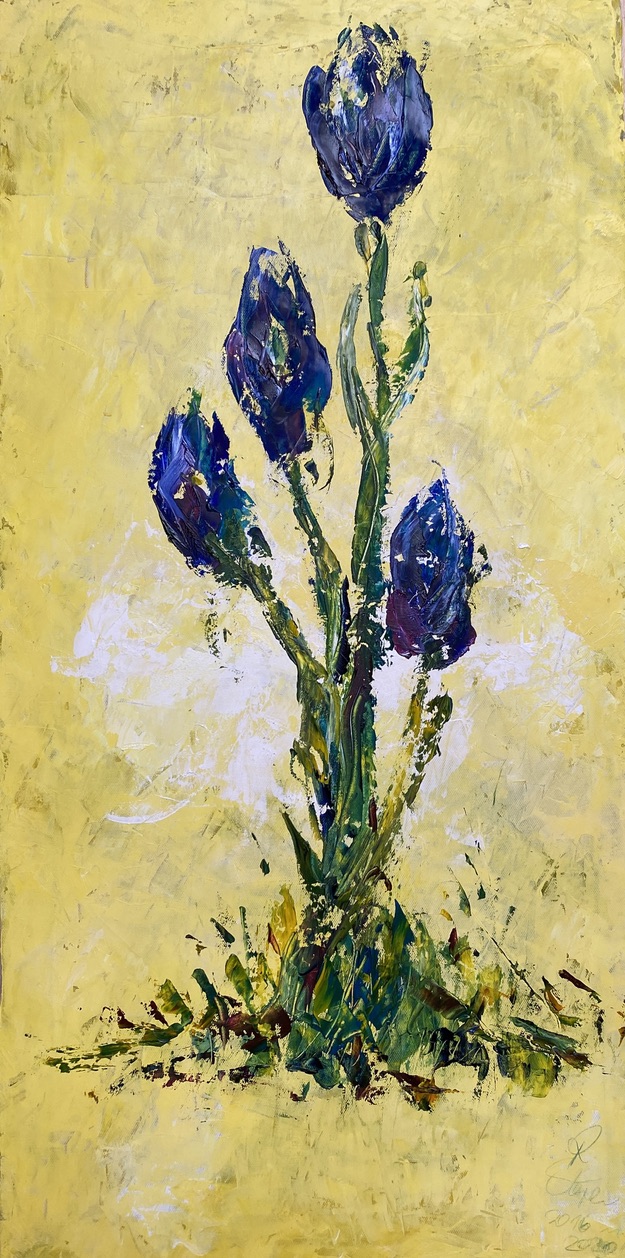 Renate Stepec: Blaue Lilien I, Ölfarbe auf Leinwand, 34x68,5cm