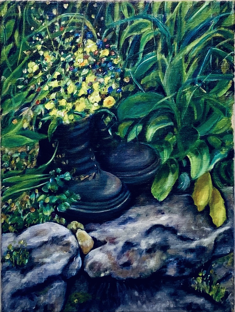 Renate Stepec: Blumen im Schuh, Ölfarbe auf Leinwand, 30x40cm