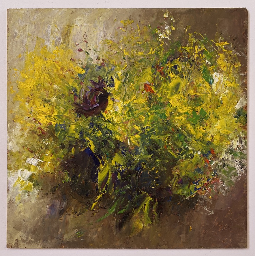 Renate Stepec: Gartenblumen, Ölfarbe auf Kork, 30x30cm