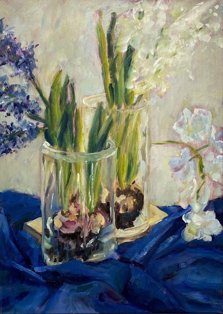 Renate Stepec: Hyazinthen und Lilien, Ölfarbe auf Leinwand, 50x70cm