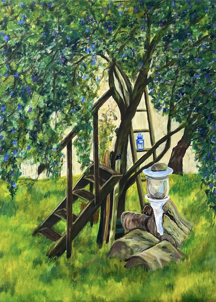 Renate Stepec: Leiter am Baum, Ölfarbe auf Leinwand, 50x70cm