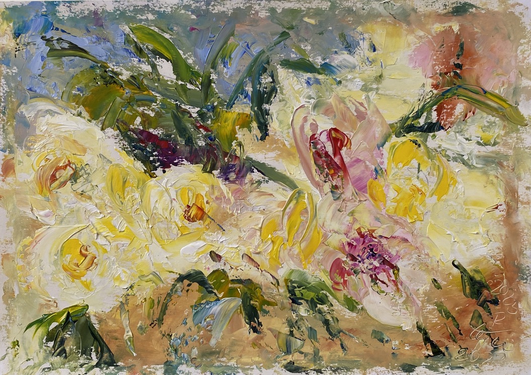 Renate Stepec: Narzissen und Tulpen, Ölfarbe auf Papier, 21x29,6cm