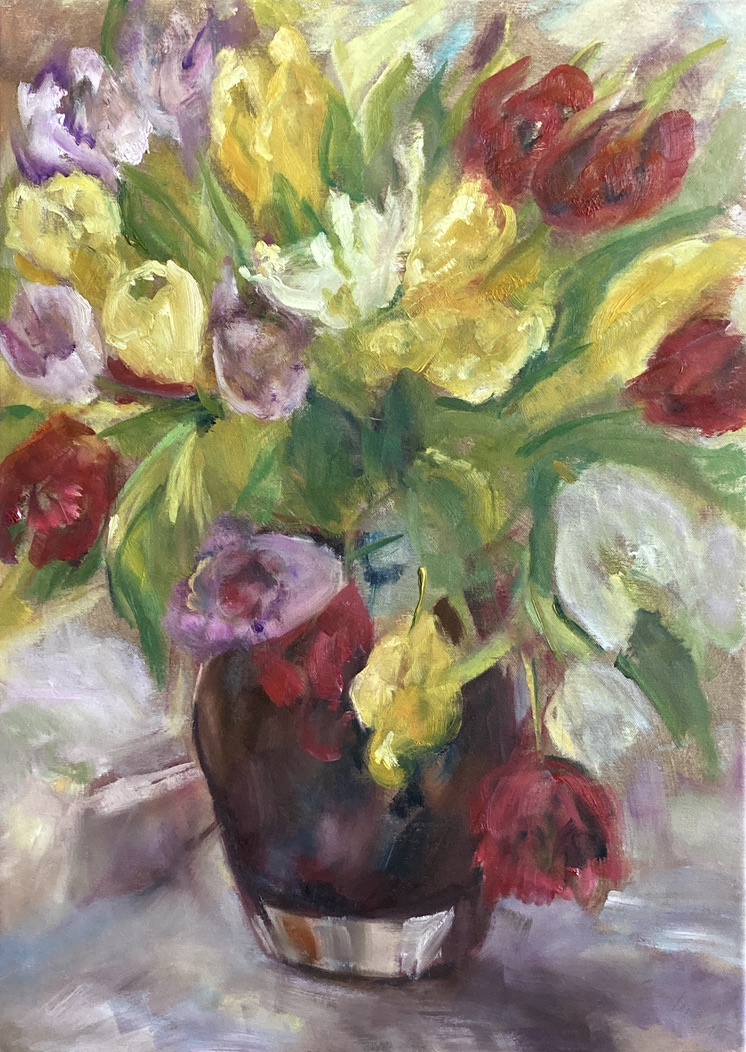 Renate Stepec: Tulpen in roter Vase, ÖaL, 50x70
