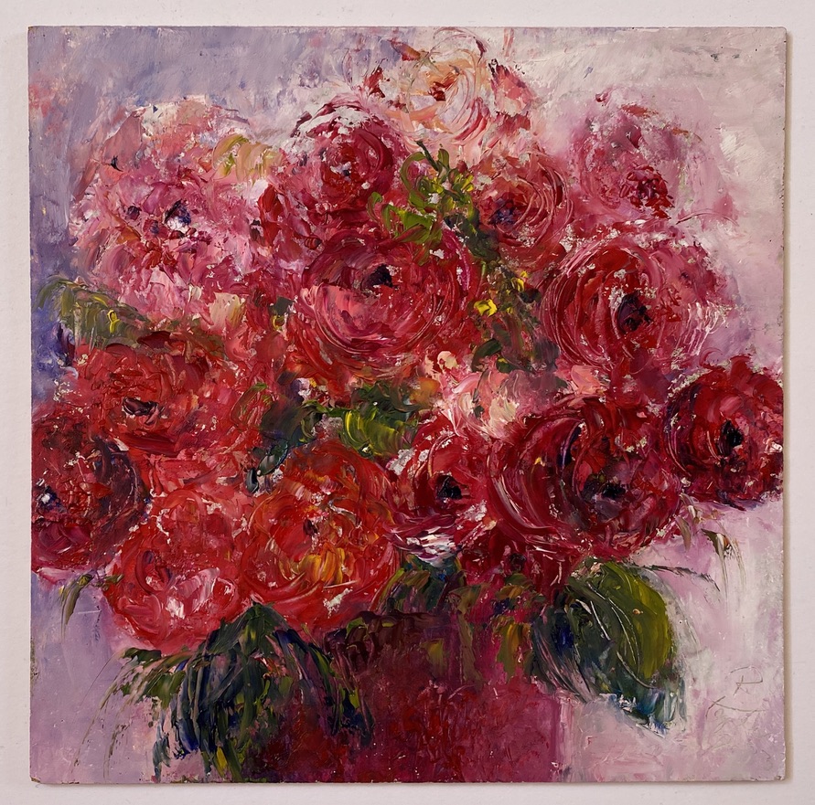 Renate Stepec: Vase rot, Rosen auch, Ölfarbe auf Kork, 30x30cm