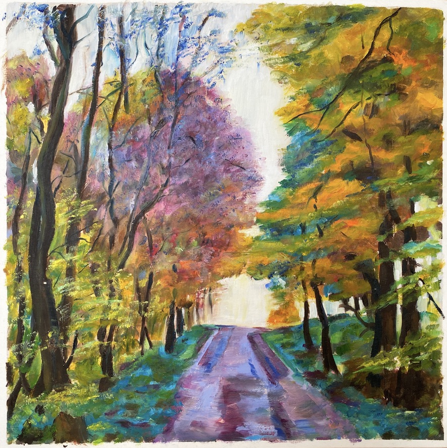 Renate Stepec: Waldweg bei Siegen I, Ölfarbe auf Papier, 50x50cm